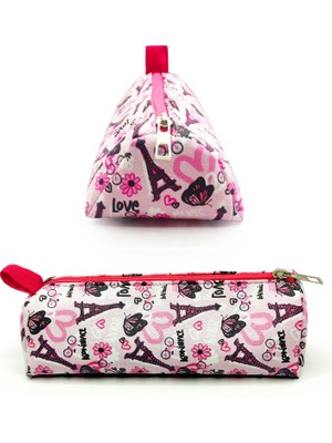 Limmy Makyaj Çantası Üçgen Eyfel Paris Desenli Vegan Jumbo Kalemlik