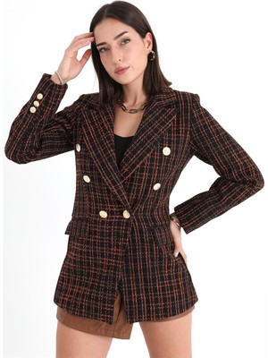 Chanel Kumaş Omuzları Vatkalı Ekose Desen Blazer Ceket - Turuncu