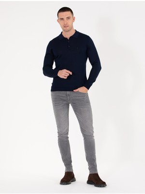 Pierre Cardin Erkek Lacivert Slim Fit Polo Yaka Yün Karışımlı Basic Triko Kazak 50257322-VR033