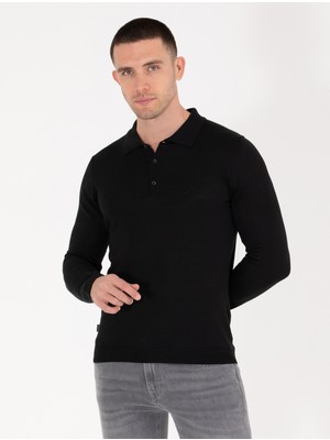 Pierre Cardin Erkek Siyah Slim Fit Polo Yaka Yün Karışımlı Basic Triko Kazak 50257322-VR046