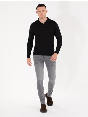 Pierre Cardin Erkek Siyah Slim Fit Polo Yaka Yün Karışımlı Basic Triko Kazak 50257322-VR046