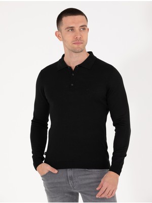 Pierre Cardin Erkek Siyah Slim Fit Polo Yaka Yün Karışımlı Basic Triko Kazak 50257322-VR046