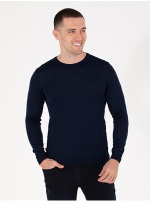 Pierre Cardin Erkek Lacivert Slim Fit Bisiklet Yaka Yün Karışımlı Basic Triko Kazak 50257301-VR033