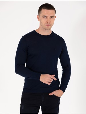 Pierre Cardin Erkek Lacivert Slim Fit Bisiklet Yaka Yün Karışımlı Basic Triko Kazak 50257301-VR033