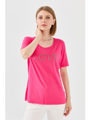 Desen Triko Kadın Sıfır Yaka Kısa Kol Love Yazılı Penye T-Shirt Fuşya