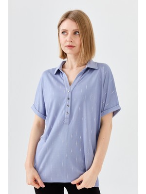 Desen Triko Kadın Gömlek Yaka Desenli Penye T-Shirt Mavi