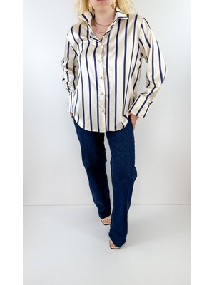 Modaonna Lacivert Çizgili Krem Saten Gömlek