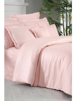 Sarev Jacquard Stripe Pembe Çift Kişilik 260 Tc %100 Pamuk Saten Nevresim Takımı