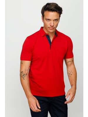 Desen Triko Erkek Polo Yaka Düğmeli Cepli T-Shirt Kırmızı