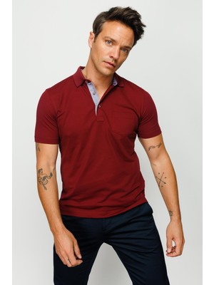 Desen Triko Erkek Polo Yaka Düğmeli Cepli T-Shirt Bordo