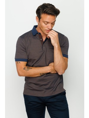 Desen Triko Erkek Polo Yaka Cepli Jakarlı Tshirt Kahve