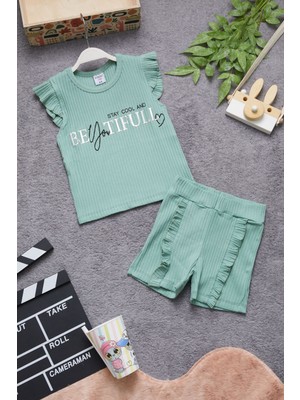 Cansın Mini Yeşil Beautiful Yazılı Kız Çocuk Şortlu Takım 15349