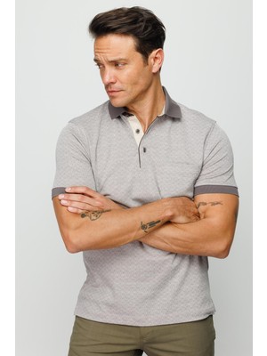 Desen Triko Erkek Polo Yaka Cepli Jakarlı Tshirt Bej