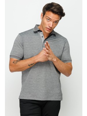 Desen Triko Erkek Polo Yaka Jakarlı Düğmeli T-Shirt Siyah