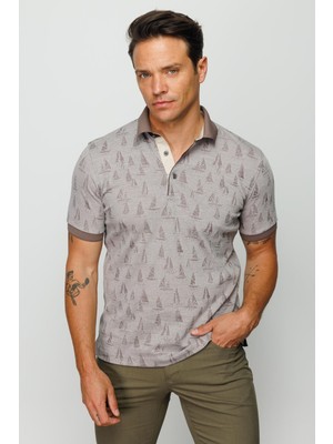 Desen Triko Erkek Polo Yaka Yelken Desenli T-Shirt Bej