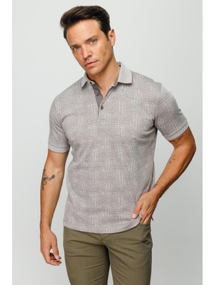 Desen Triko Erkek Polo Yaka Jakarlı Kısa Kollu T-Shirt Bej