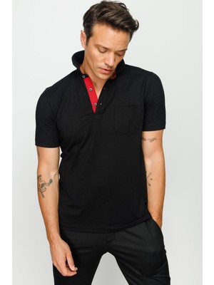 Desen Triko Erkek Polo Yaka Düğmeli Cepli T-Shirt Siyah