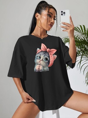 Kadın Sevimli Kedi Baskılı Oversize Tshirt Daxis Sportwear Company