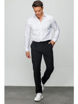 Desen Triko Erkek Beli Lastikli Beyaz Çizgili Koton Pantolon Siyah