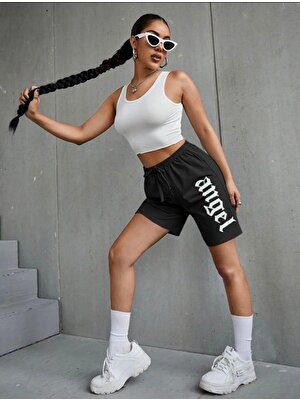 DAXİS Sportwear Company Baskılı Kısa Kadın Şort Daxis Sportwear Company Siyah Şort Baskılı