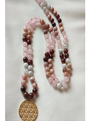 Bade Accessories 108 Li Mala Doğaltaş Kolye (Lal(Granat,garnet),ay Taşı, Güneş Taşı,pembe Kuvars )