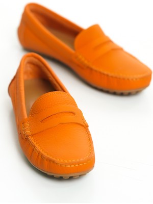 Mubiano 202-ORJ Hakiki Deri Oval Burunlu Kadın Turuncu Babet & Loafer Ayakkabı