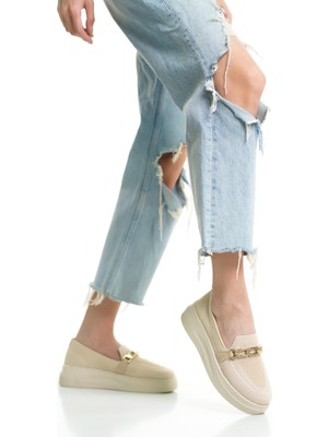 Mubiano 101-BJ Triko Örme Kumaş Oval Burunlu Toka Detay Kadın Mavi Yüksek Taban  Babet & Loafer Ayakkabı