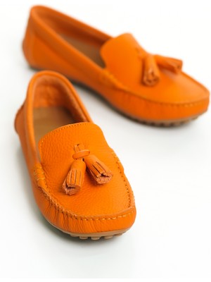 Mubiano Hakiki Deri 201-ORJ Püsküllü Oval Burunlu Kadın Turuncu Babet & Loafer Ayakkabı