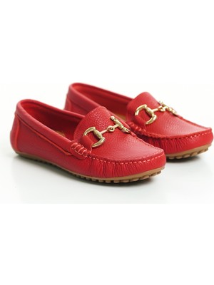 Mubiano Hakiki Deri 203-KR Oval Burunlu Toka Detay Kadın Kırmızı Babet & Loafer Ayakkabı