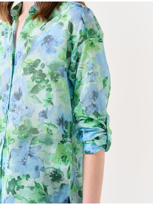 Jimmy Key Mavi Yeşil Uzun Kollu Desenli %100 Pamuklu Gömlek