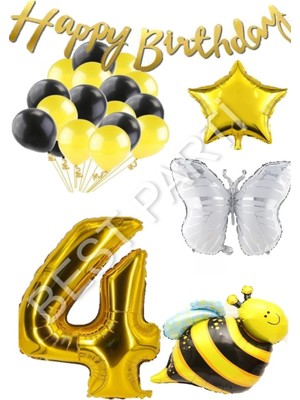 Best Parti Happy Bırthday Banner ve Arı Kelebek Karakterli Yıldız Folyo Balon Seti Yaş 4