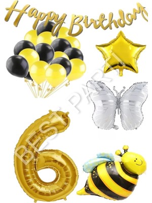 Best Parti Happy Bırthday Banner ve Arı Kelebek Karakterli Yıldız Folyo Balon Seti Yaş 6