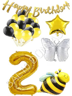 Bal10 Dünyası Happy Bırthday Banner ve Arı Kelebek Karakterli Yıldız Folyo Balon Seti Yaş 2