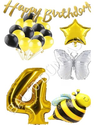 Bal10 Dünyası Happy Bırthday Banner ve Arı Kelebek Karakterli Yıldız Folyo Balon Seti Yaş 4