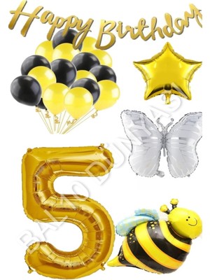 Bal10 Dünyası Happy Bırthday Banner ve Arı Kelebek Karakterli Yıldız Folyo Balon Seti Yaş 5