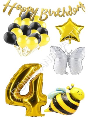 Rönesans Parti Happy Bırthday Banner ve Arı Kelebek Karakterli Yıldız Folyo Balon Seti Yaş 4