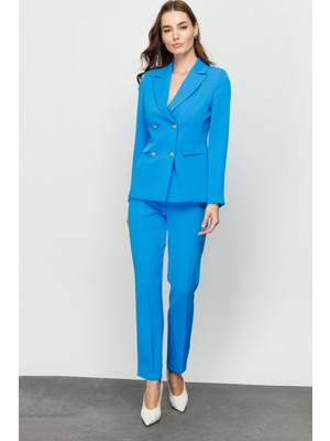 Ekol Kadın Krep Kumaş Ceket 4098 Mavi