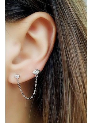 Ose Shop Zirkon Tek Taş ve Göz Figürlü 925 Ayar Gümüş Çift Deliğe Takılan Zincir Tek Küpe