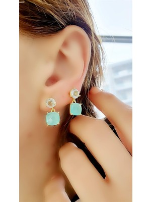 Ose Shop Mavi Topaz ve Kalsedon 925 Ayar Gümüş Üzerine Altın Kaplama Doğal Taş Küpe