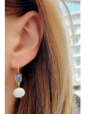 Ose Shop Labrodorite ve Barok Incili 925 Ayar Gümüş Üzerine Altın Kaplama Doğal Taş Küpe