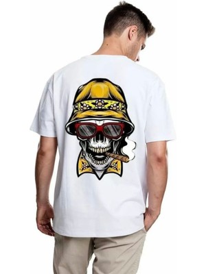 Amor Man Büyük Beden Özel Tasarım Şapkalı Kuru Kafa Sırt Baskılı %100 Pamuk Oversize Erkek T-Shırt