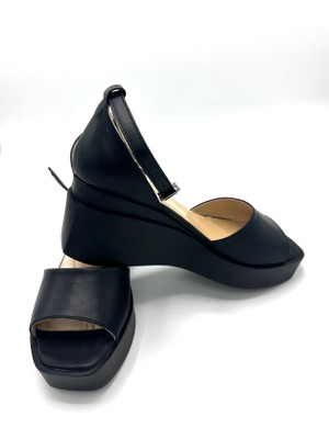 Nostra Shoes Summer  Deri Kadın Siyah Platform Sandalet