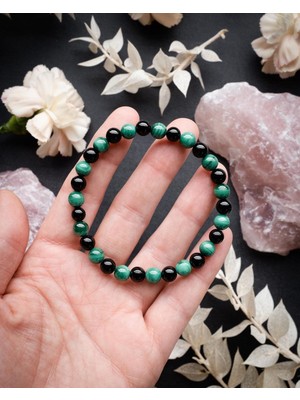 Safnaturel Sertifikalı Malakit & Obsidian Doğal Taş  Bileklik  6mm