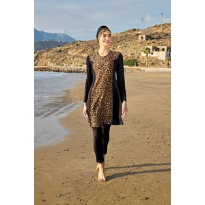 Kadın Büyük Beden Uzun Kol Likralı Tesettür Leoparlı Siyah Mayo 2C3T1N31-3