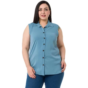 Disentis Modest Büyük Beden Gömlek Yaka Düğmeli Kolsuz Mavi Gömlek