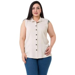 Disentis Modest Büyük Beden Gömlek Yaka Düğmeli Kolsuz Ekru Gömlek