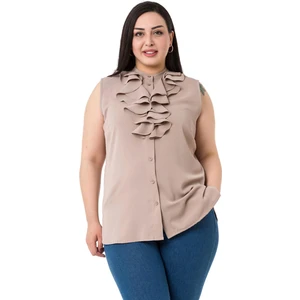 Disentis Modest Büyük Beden Yakası Iki Kat Volanlı Düğmeli Kolsuz Vizon Gömlek