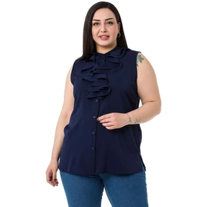 Disentis Modest Büyük Beden Yakası Iki Kat Volanlı Düğmeli Kolsuz Koyu Lacivert Gömlek