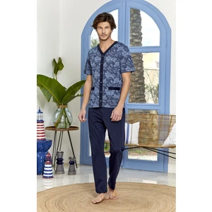 Cossy By Aqua 23939 Erkek Büyük Beden Kısa Kollu Önden Düğmeli Pijama Takım-Lacivert