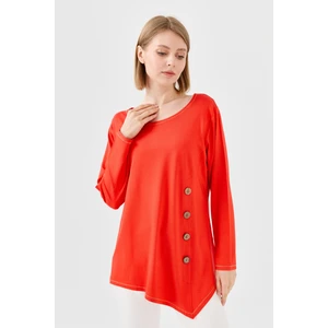 Kadın Sıfır Yaka Önü Ahşap Düğmeli Penye Bluz Oranj
